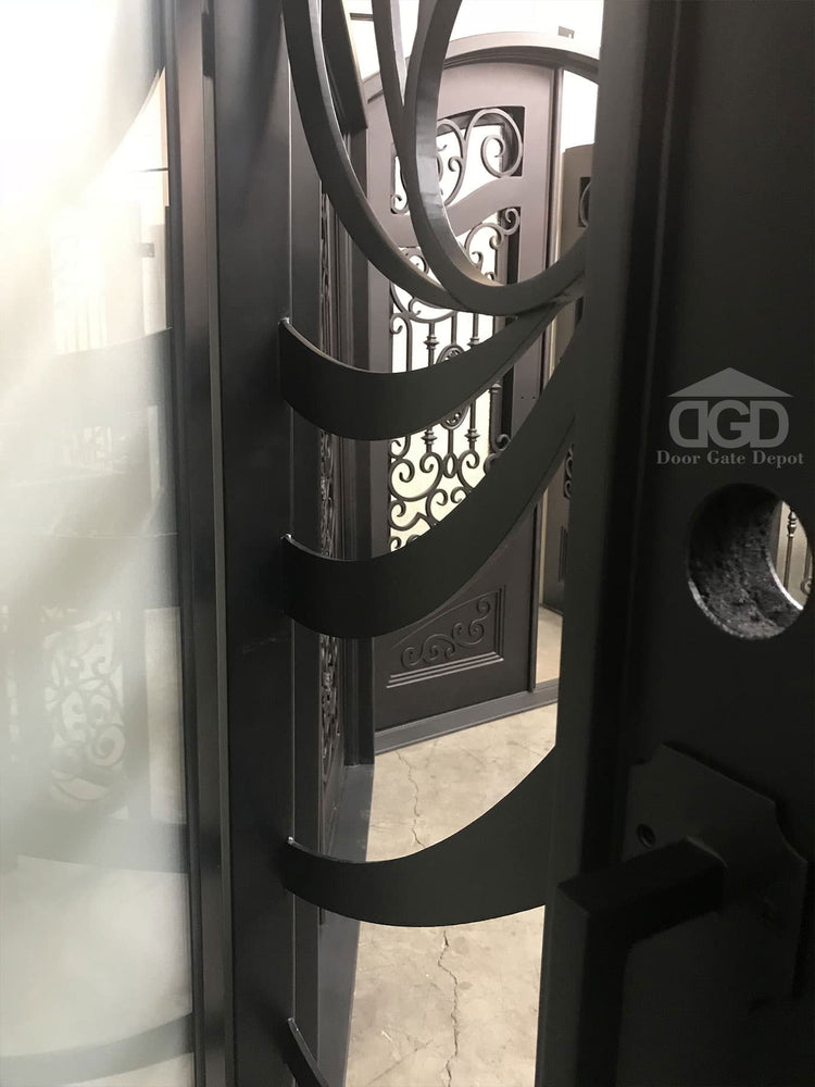 HOLLY-  modern square top, bug screens,double panel wrought iron doors-72x96, Right  Hand - Door Gate Depot