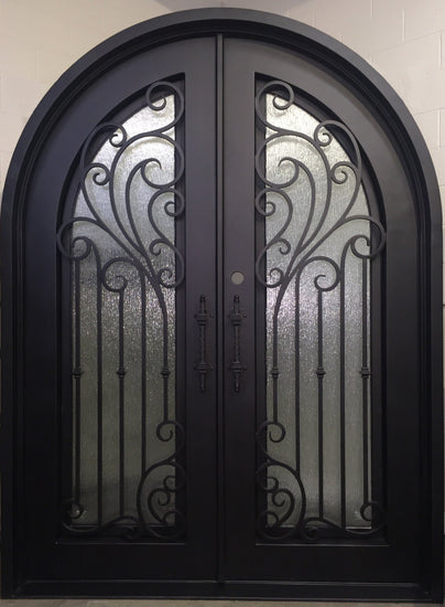 DAISY- round top, prehung, tempered insulated glass, bug screens,dual pane, wrought iron doors-72X96 Right Hand - Door Gate Depot