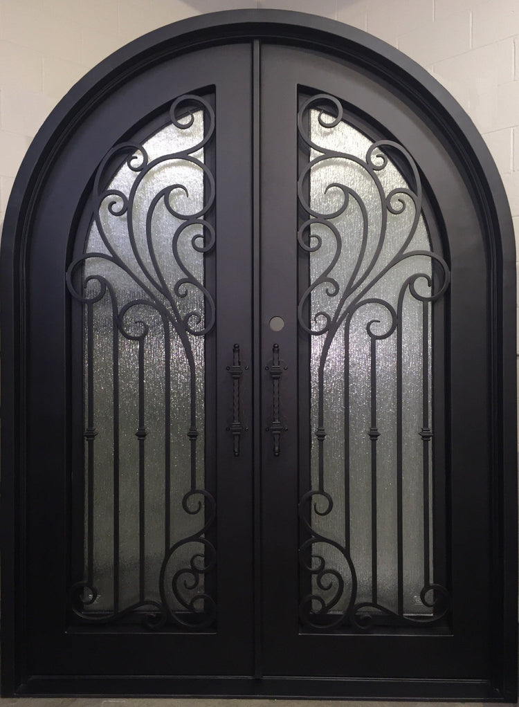 DAISY- round top, prehung, tempered insulated glass, bug screens,dual pane, wrought iron doors-72X96 Right Hand - Door Gate Depot