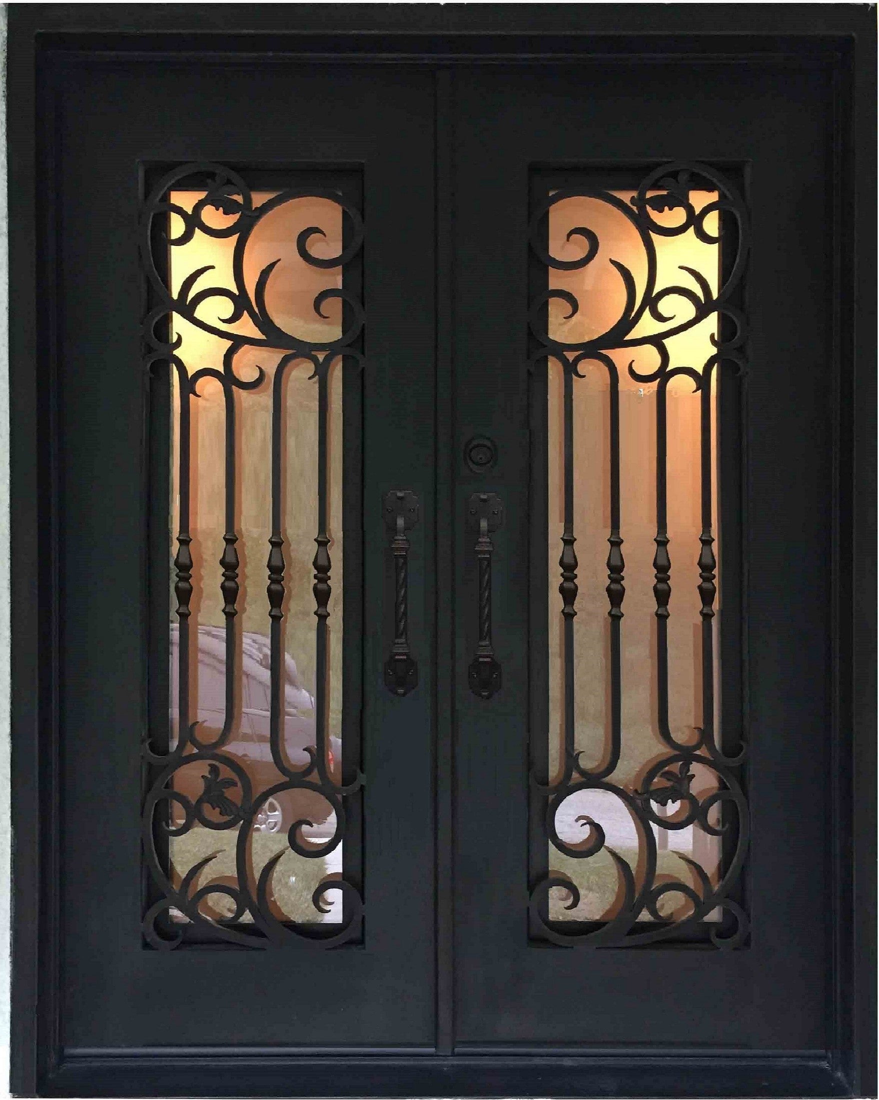 MAPLE- flat top, tempered insulated glass, bug screens, wrought iron doors-72x96 Right Hand - Door Gate Depot