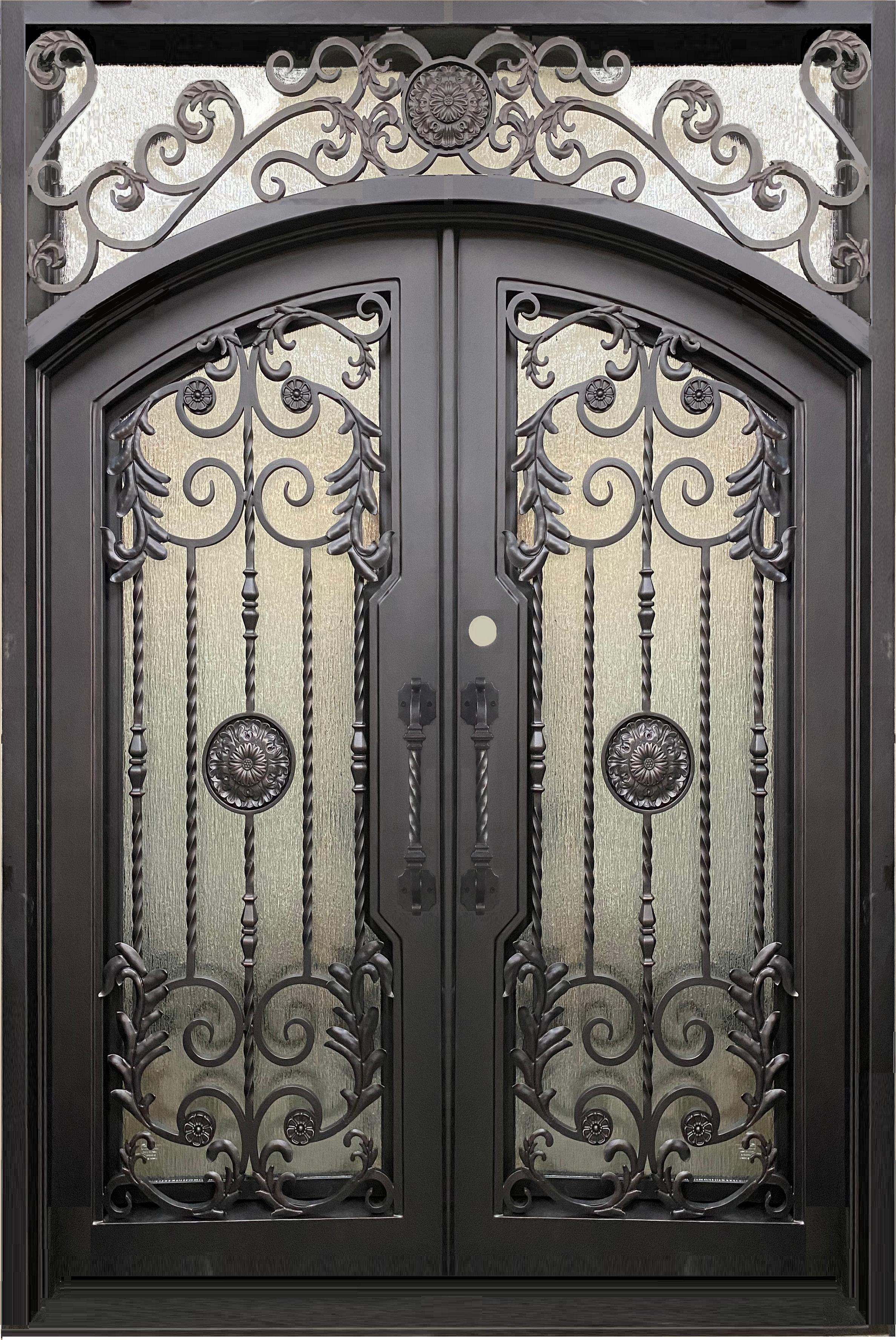 BELLADONNA- square top , inside arch, transom, bug screens, wrought iron doors- 62x96 Right Hand - Door Gate Depot