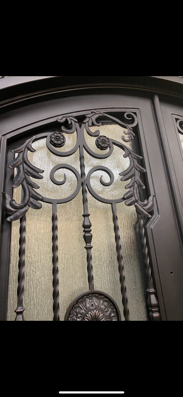 BELLADONNA- square top , inside arch, transom, bug screens, wrought iron doors- 62x96 Right Hand - Door Gate Depot