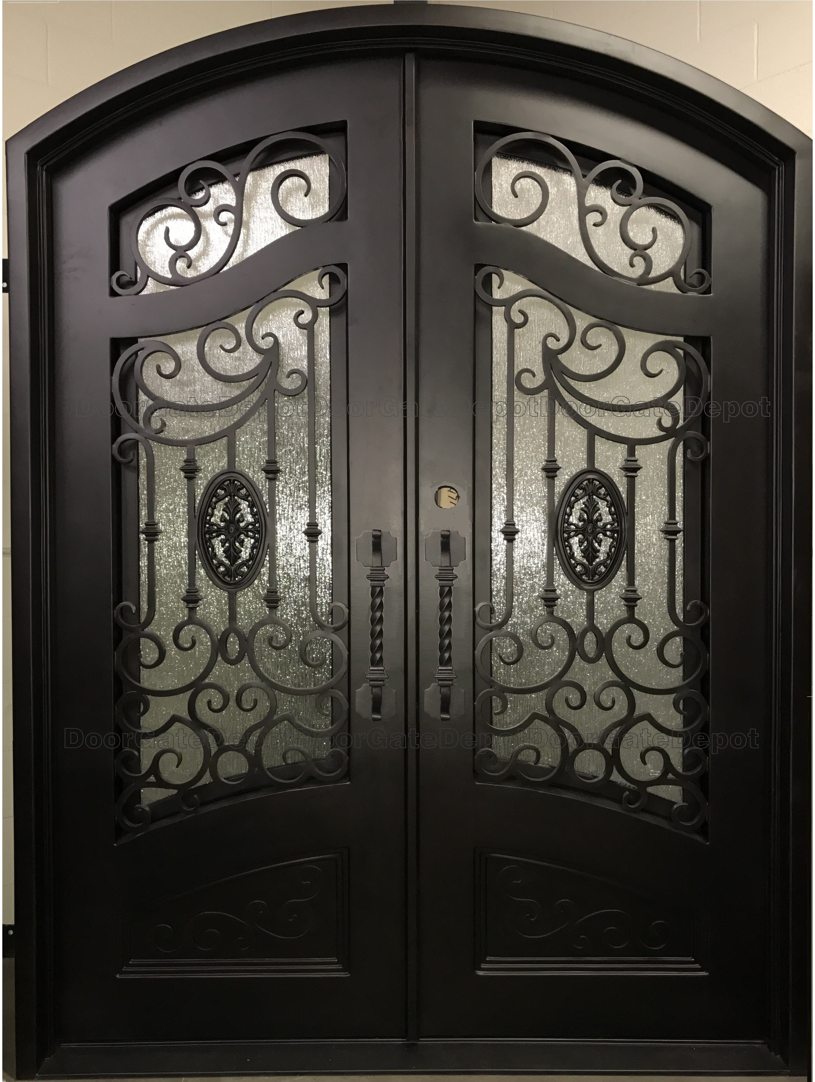 LILY- arch top, with bottom panels, prehung, removable bug screen, wrought iron doors-61X81 Right Hand - Door Gate Depot