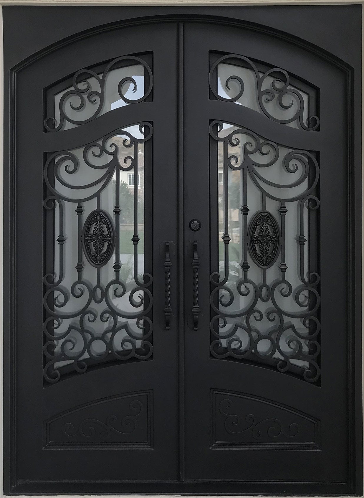 LILY- flat top, inside arch ,bottom panel, dual pane glass, removable bug screen, wrought iron doors-72x96 Right Hand - Door Gate Depot