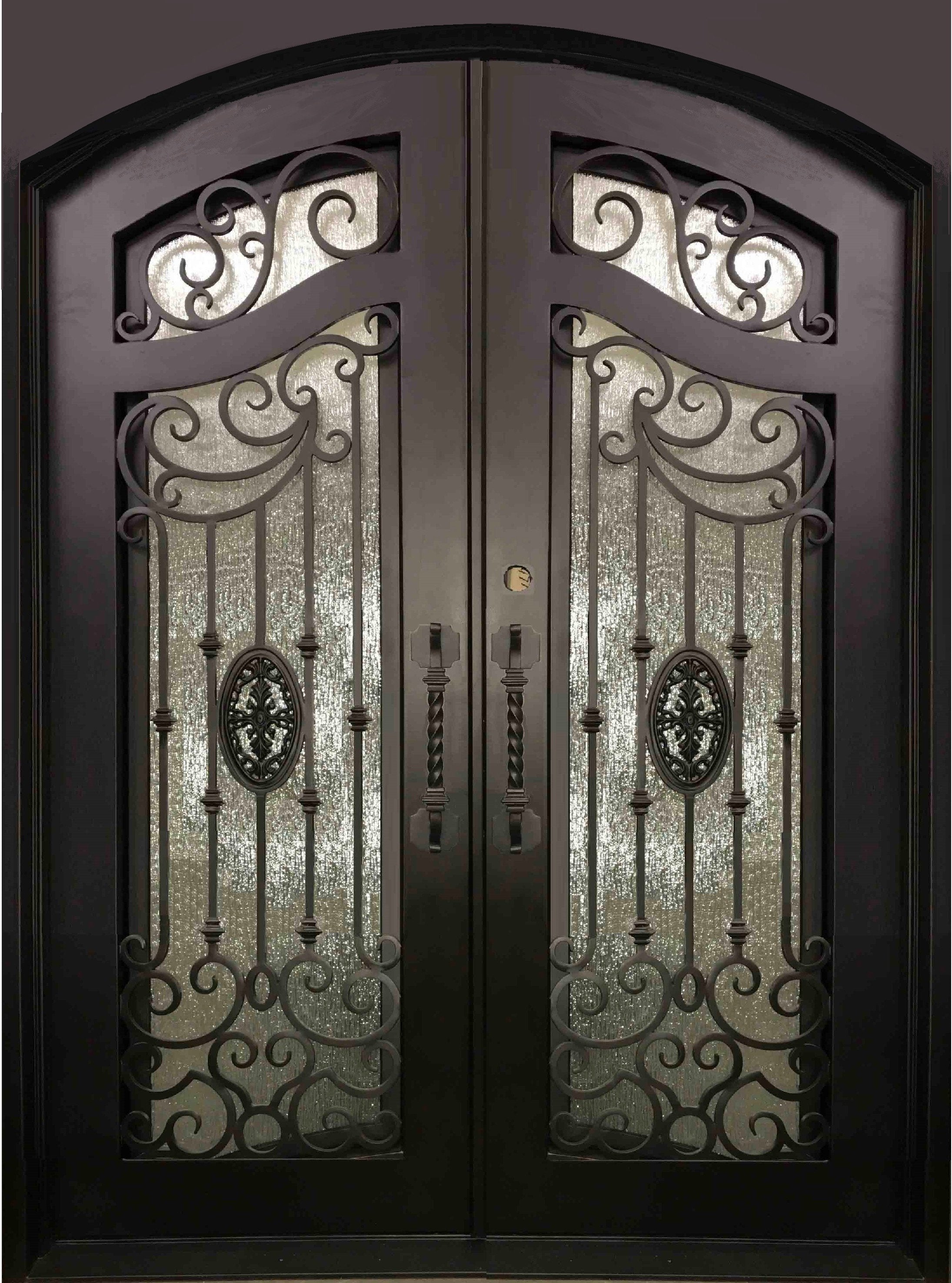 LILY- flat top , inside arch, dual pane operable tempered glass, bug screens, front entry wrought iron doors-72x96 Right Hand - Door Gate Depot