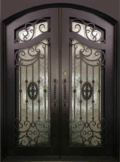 LILY- flat top , inside arch, dual pane operable tempered glass, bug screens, front entry wrought iron doors-72x96 Right Hand - Door Gate Depot