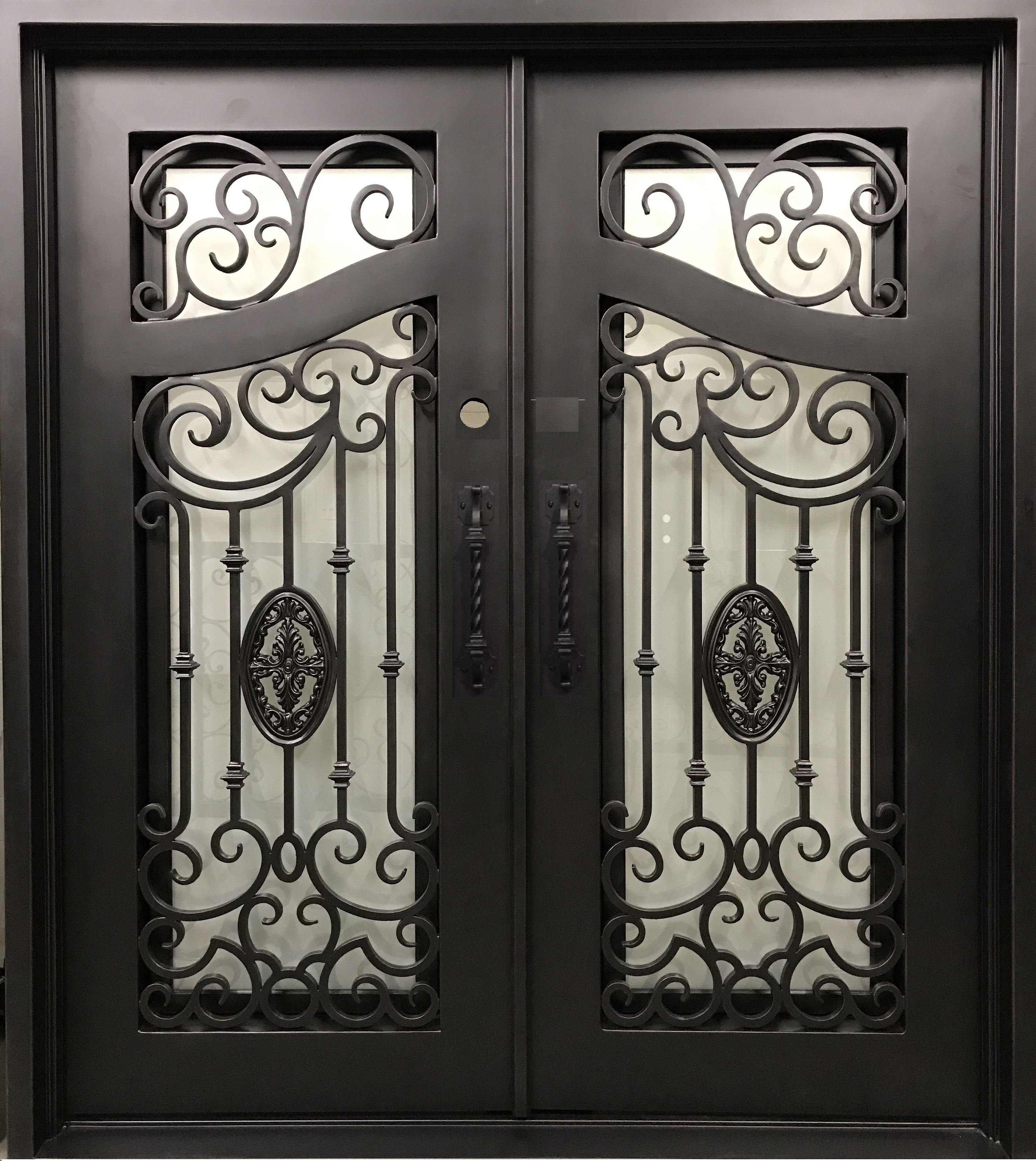 LILY- flat top, frosted tempered glass,removable bug screens, wrought iron doors-72x81 Left Hand - Door Gate Depot