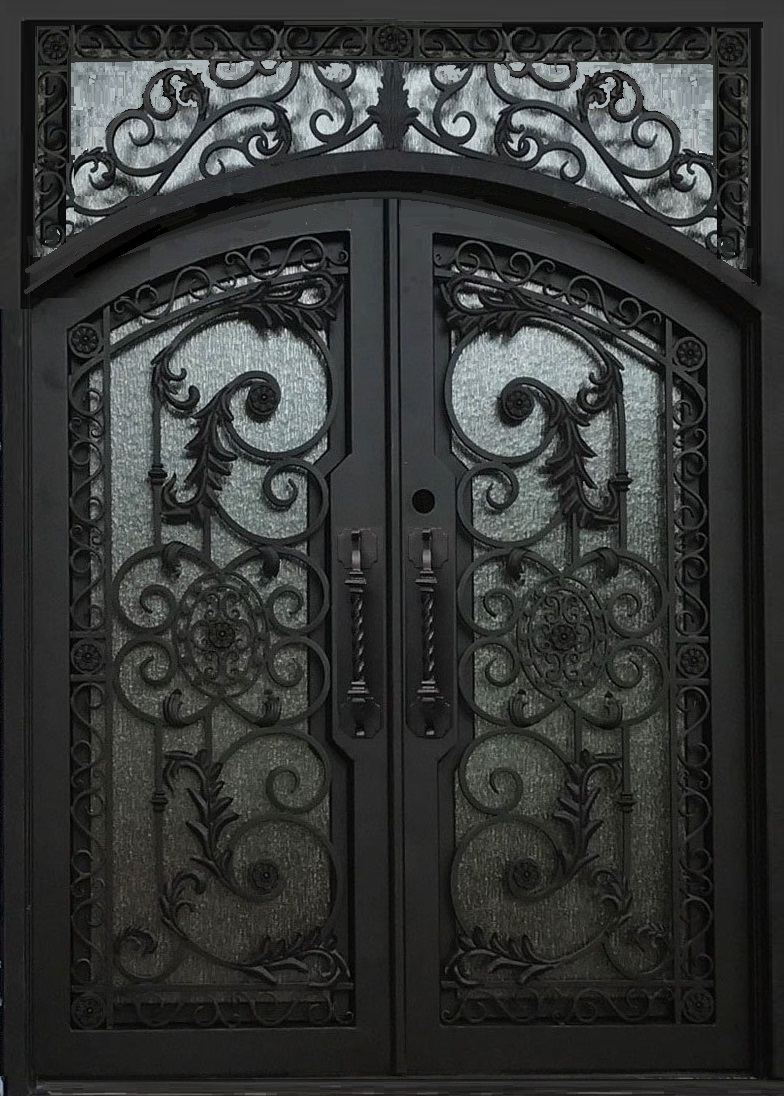 CARNATION- flat top transom, arch inside, prehung,double tempered glass,removable bug screens,  wrought iron doors-72x96 Right Hand - Door Gate Depot