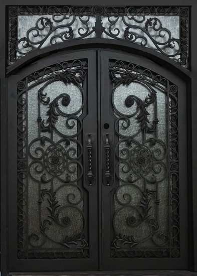 CARNATION- flat top transom, arch inside, prehung,double tempered glass,removable bug screens,  wrought iron doors-72x96 Right Hand - Door Gate Depot