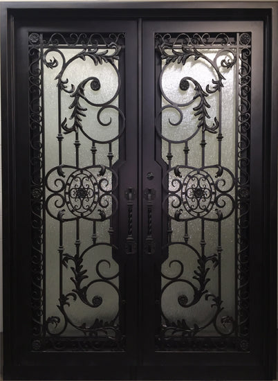 PEONY- flat top front entry, tempered insulated glass,bug screen, wrought  iron doors-72X96 Right Hand - Door Gate Depot
