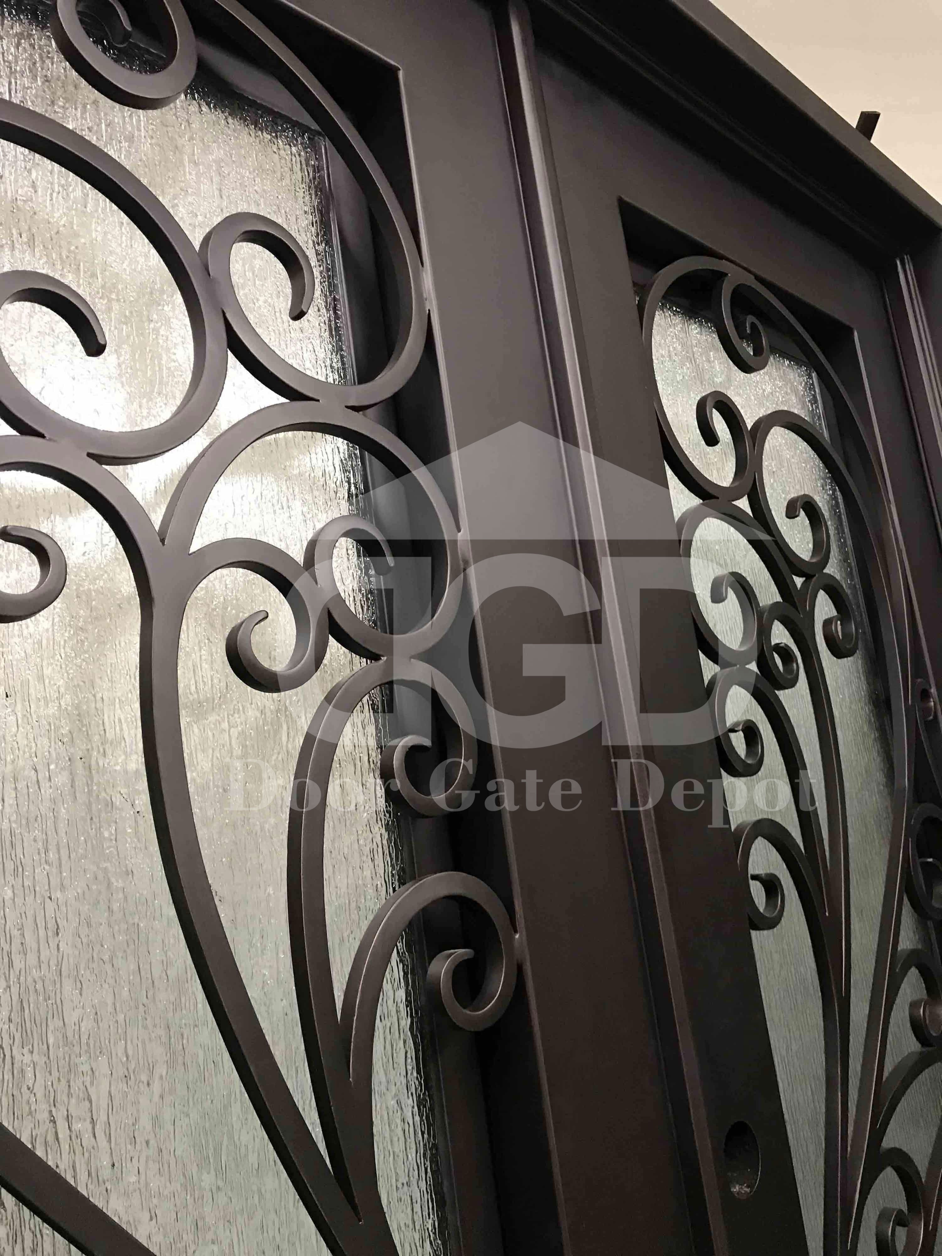 AZALEA- Iron Square top,  Front Entry Wrought Iron Doors, Bug Screens, Tempered glass,  72x96- Right Hand - Door Gate Depot