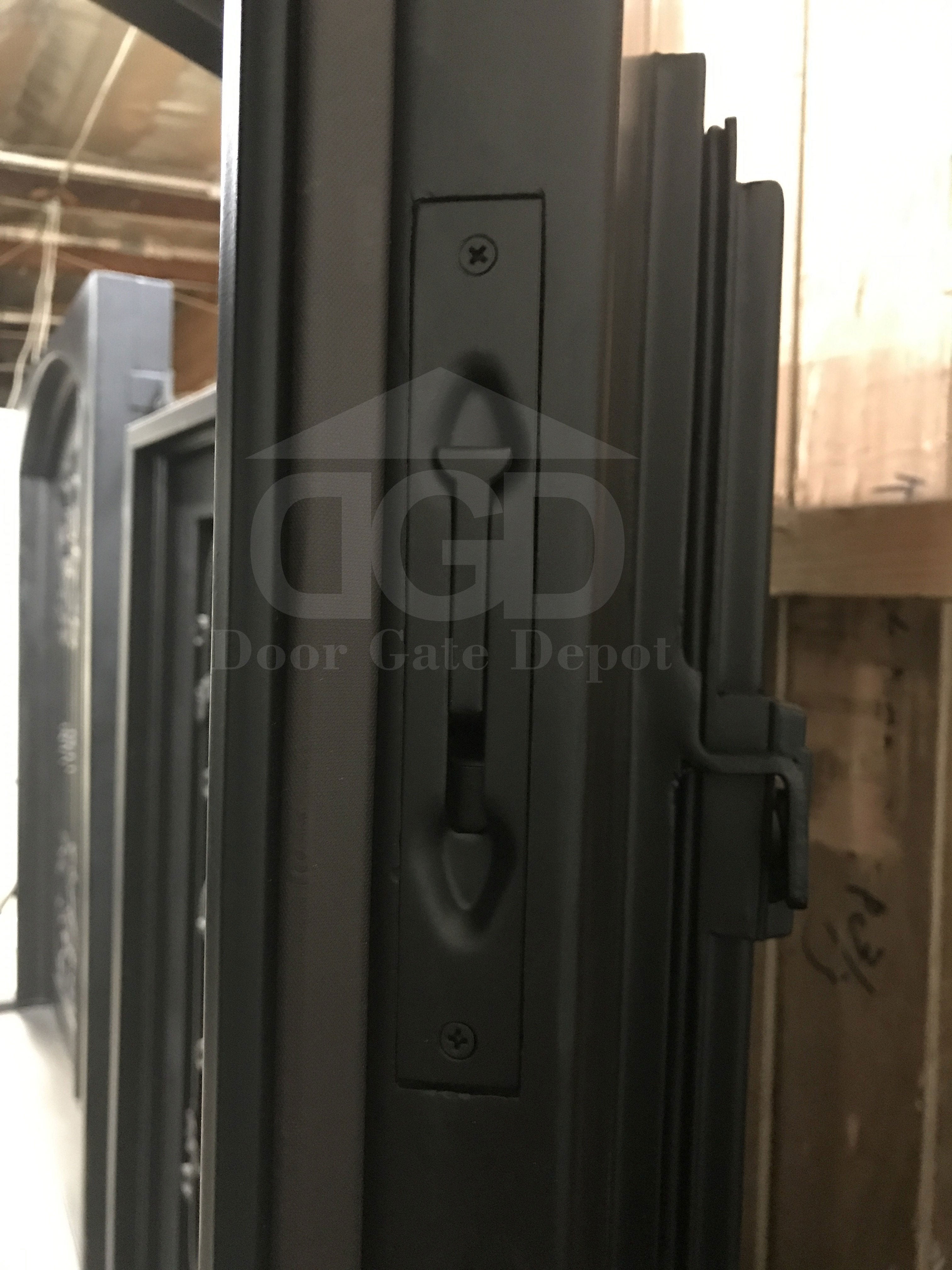 LOTUS- square top, modern french style, dual pane,bug screens, frosted tempered glass, wrought iron doors-72x96 Right Hand - Door Gate Depot