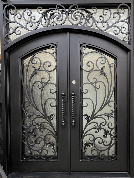PARADISE-  Square top, Inside Arch, Transom, Front Entry Wrought Iron Doors, Bug Screens, Tempered glass,  72x96- Right Hand - Door Gate Depot