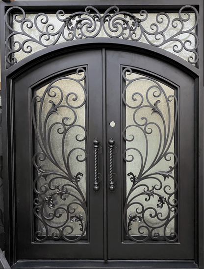 PARADISE-  Square top, Inside Arch, Transom, Front Entry Wrought Iron Doors, Bug Screens, Tempered glass,  72x96- Right Hand - Door Gate Depot