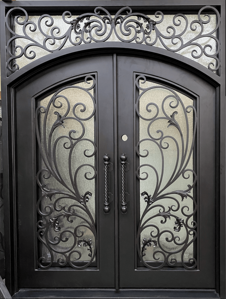 PARADISE-  Square top, Inside Arch, Transom, Front Entry Wrought Iron Doors, Bug Screens, Tempered glass,  72x96- Right Hand - Door Gate Depot