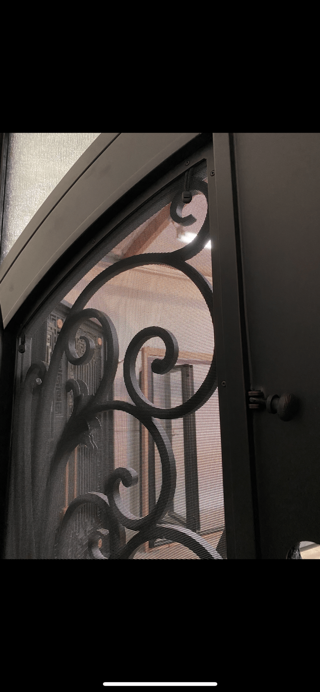 PARADISE- Double Arch Top, Transom, Front Entry Wrought Iron Doors, Bug Screens, Tempered glass,  72x96- Right Hand - Door Gate Depot