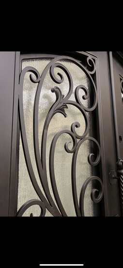 PARADISE- Double Arch Top, Transom, Front Entry Wrought Iron Doors, Bug Screens, Tempered glass,  72x96- Right Hand - Door Gate Depot