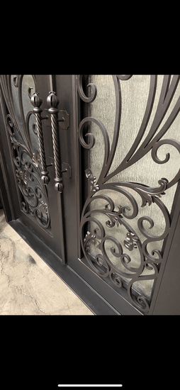 PARADISE- Double Arch Top, Transom, Front Entry Wrought Iron Doors, Bug Screens, Tempered glass,  72x96- Right Hand - Door Gate Depot