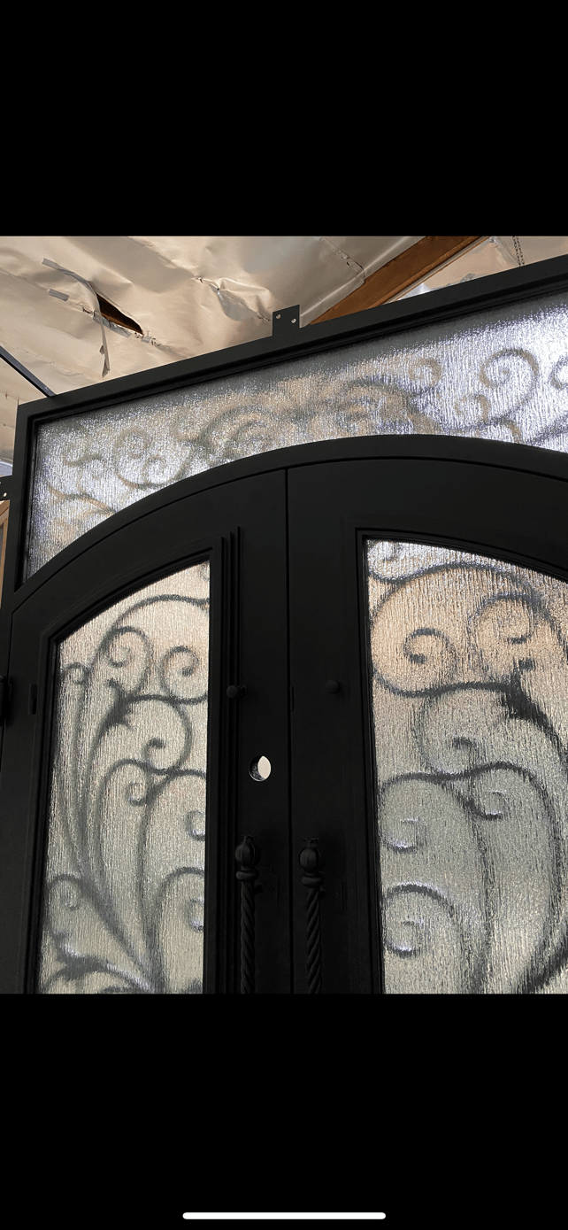 PARADISE-  Square top, Inside Arch, Transom, Front Entry Wrought Iron Doors, Bug Screens, Tempered glass,  72x96- Right Hand - Door Gate Depot