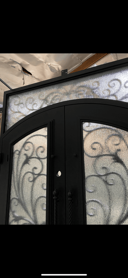 PARADISE-  Square top, Inside Arch, Transom, Front Entry Wrought Iron Doors, Bug Screens, Tempered glass,  72x96- Right Hand - Door Gate Depot