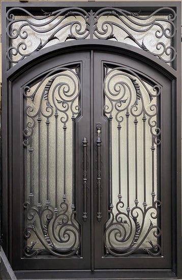 WISTERIA-Flat top arch inside , attached transom, double tempered glass, wrought iron doors , 62 x96- Right Hand - Door Gate Depot