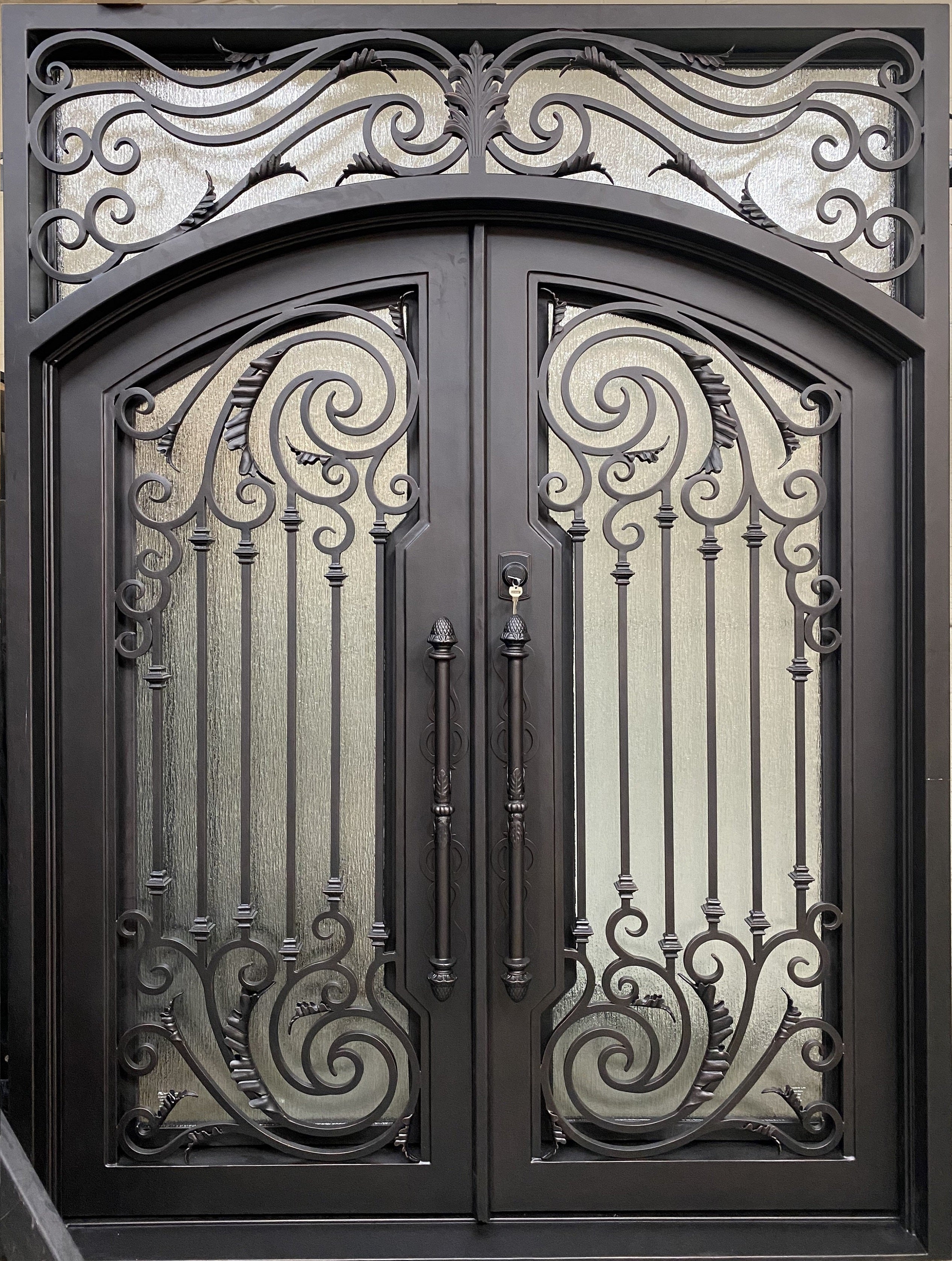 WISTERIA-Flat top transom with arch inside, double tempered glass, wrought iron doors , 72 x96- Right Hand - Door Gate Depot