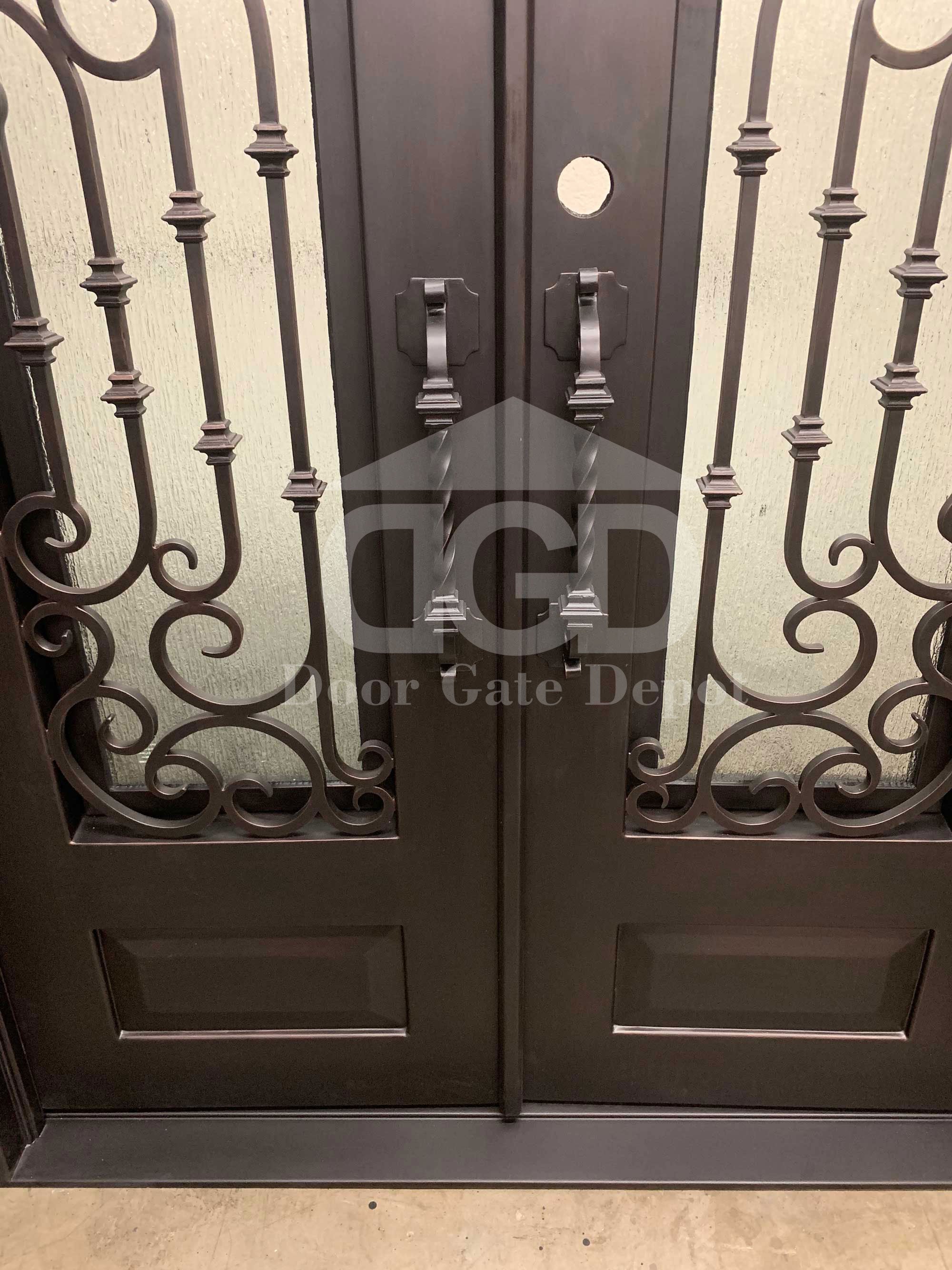 DAHLIA- Straight top, arch inside , bottom panel, tempered insulated glass, bug screens, wrought iron doors-72X96 Right Hand - Door Gate Depot