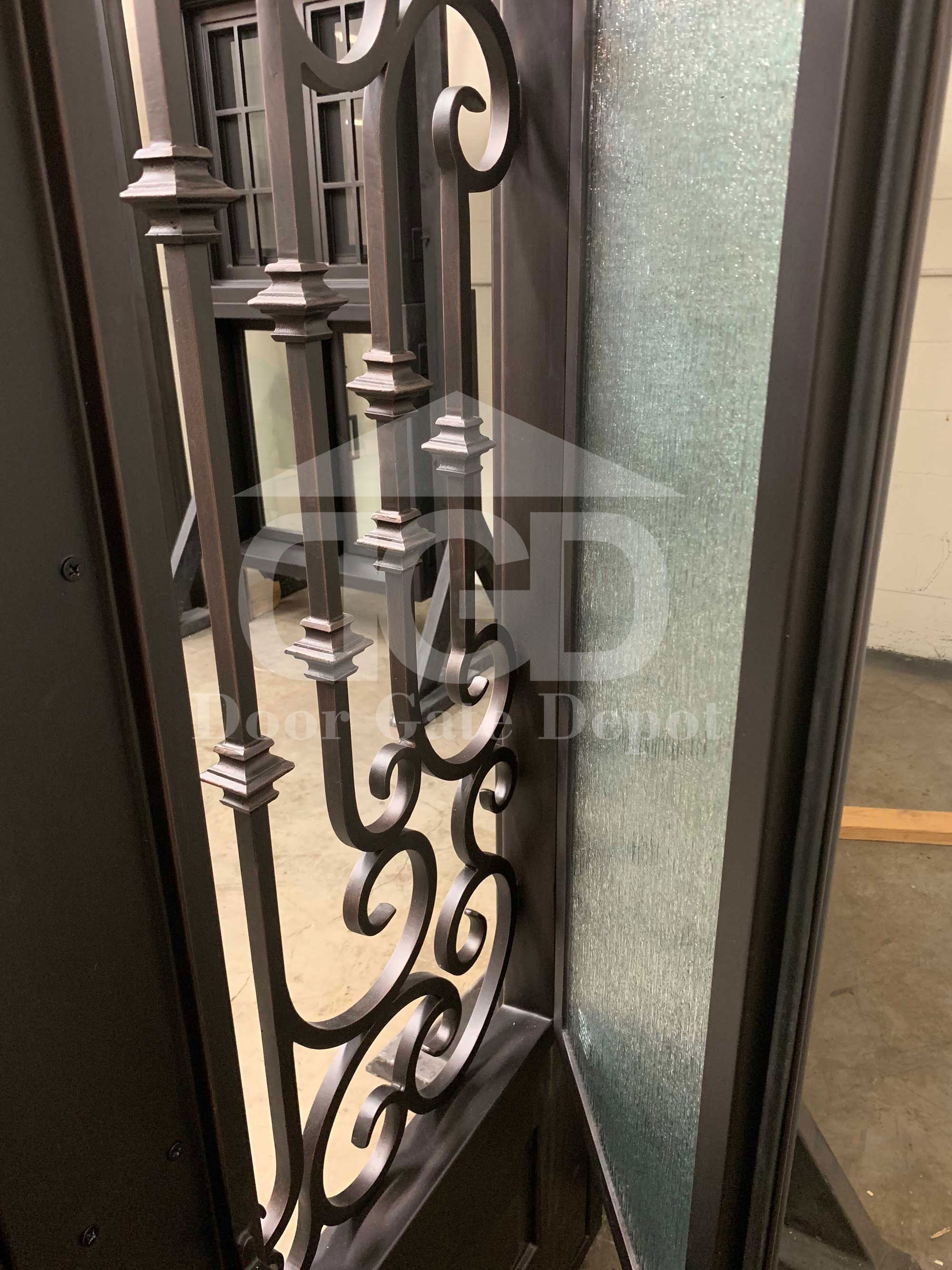 DAHLIA- arch top with bottom panel, tempered insulated glass, bug screens, wrought iron doors-72X96 Right Hand - Door Gate Depot