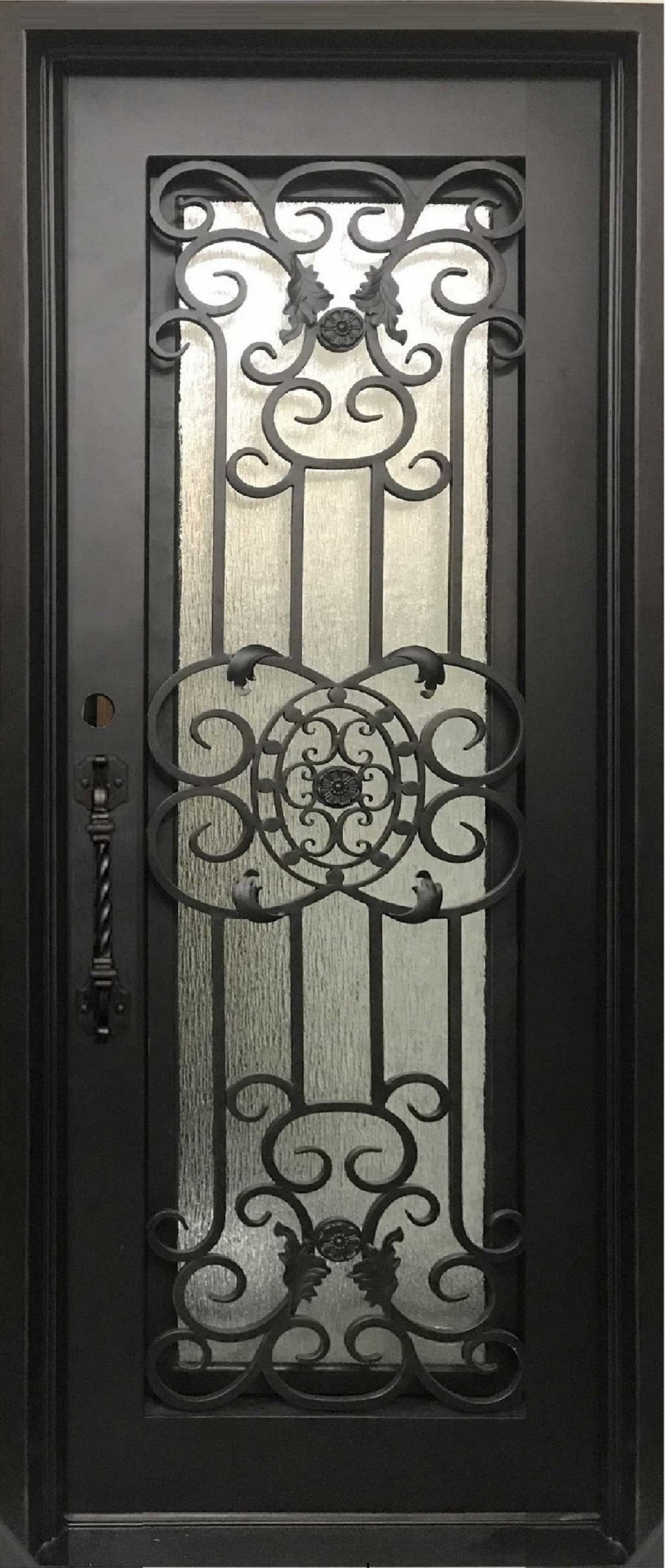 JASMINE-flat top, bug screen, front entry single wrought iron door- 38x96 Right Hand - Door Gate Depot