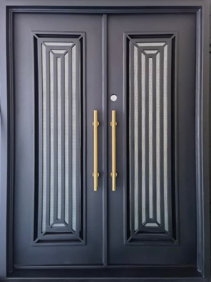 IVY -modern flat top, prehung, removable bug screen, front entry double wrought iron door- 72x96 Right Hand - Luxe Iron Doors 