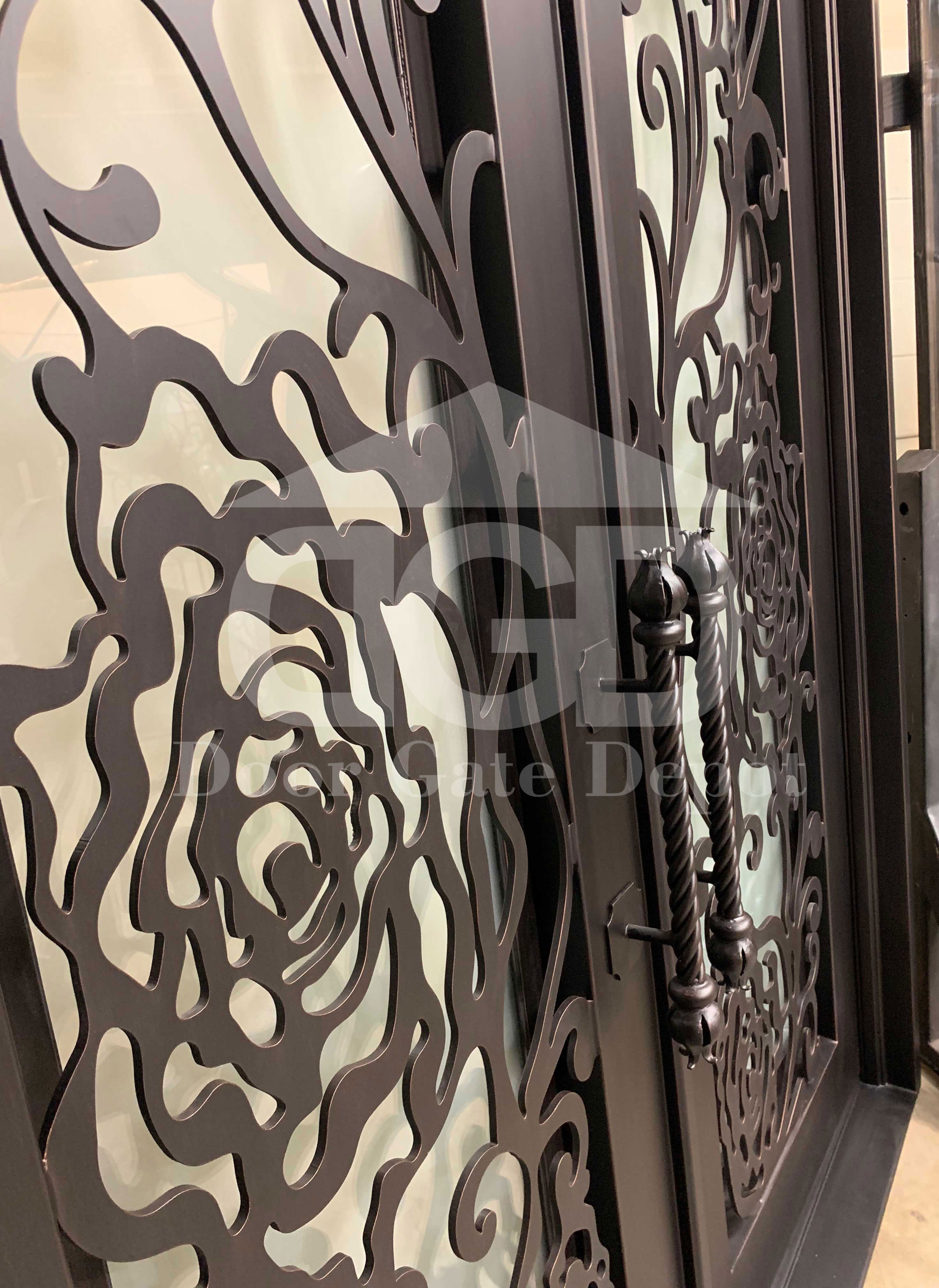 ROSE- flat top iron, frosted tempered glass,bug screens, front entry wrought iron doors-72x96 Right Hand - Door Gate Depot
