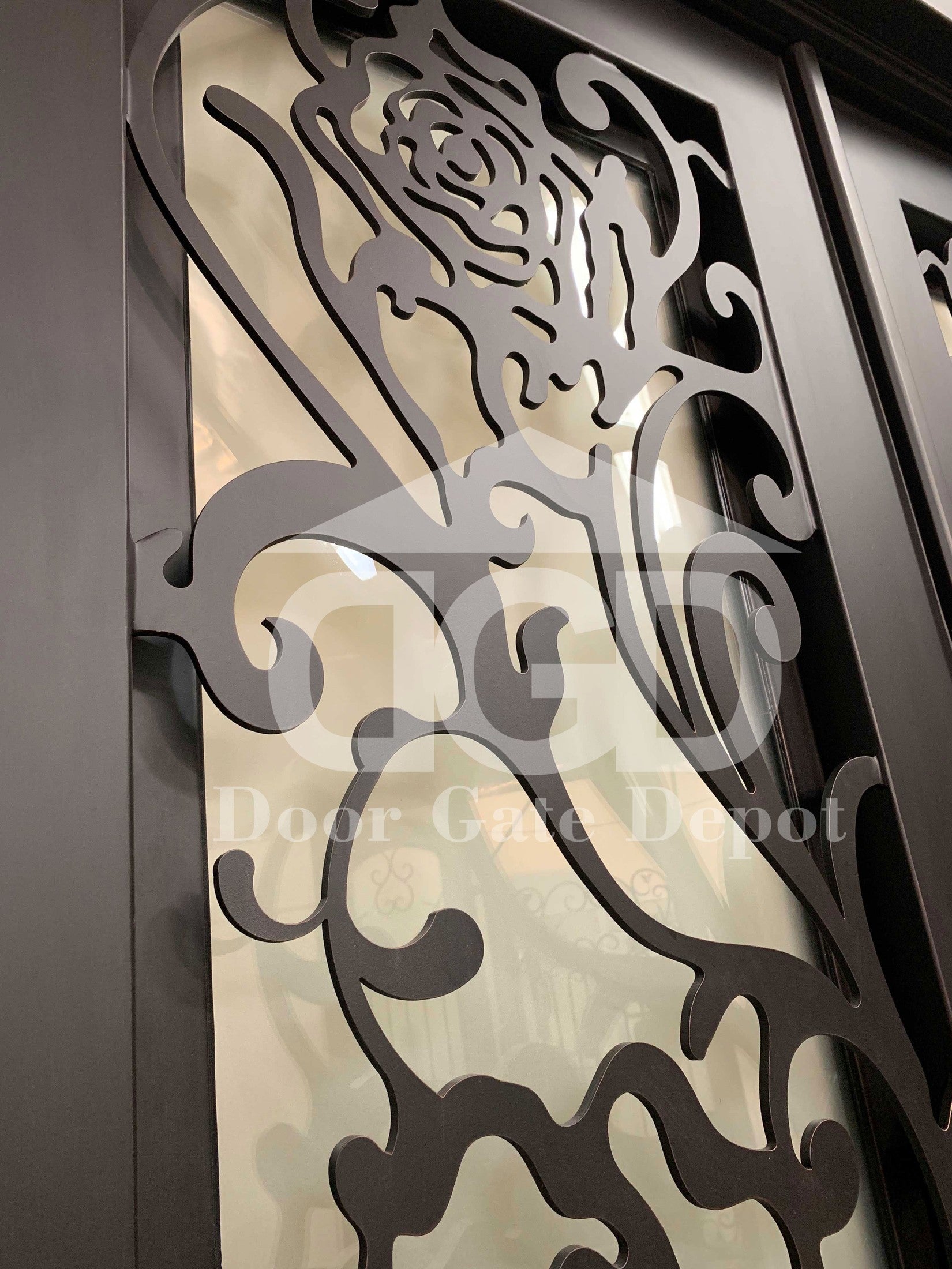 ROSE- flat top iron, frosted tempered glass,bug screens, front entry wrought iron doors-72x96 Right Hand - Door Gate Depot