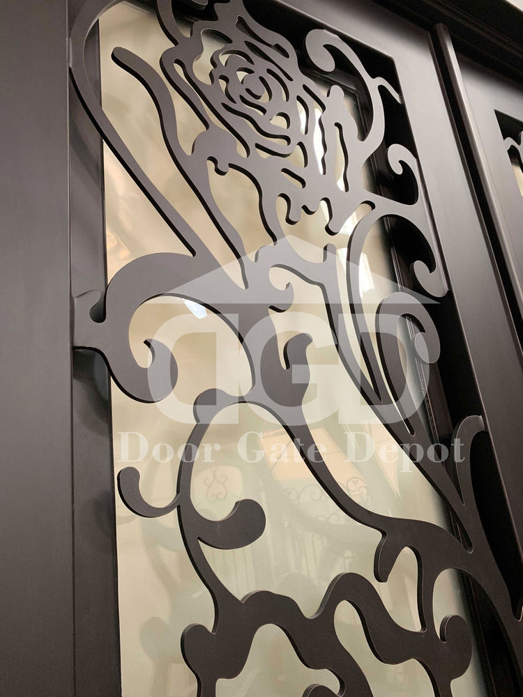 ROSE- flat top iron, frosted tempered glass,bug screens, front entry wrought iron doors-72x96 Right Hand - Door Gate Depot