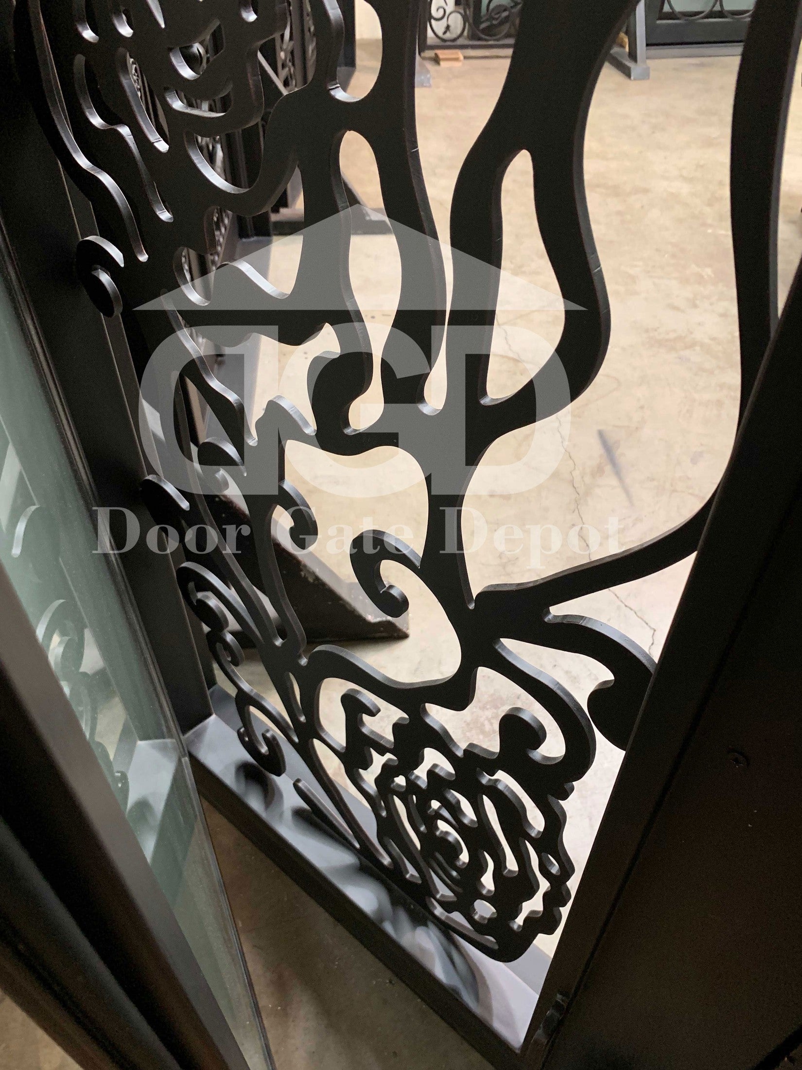 ROSE- flat top iron, frosted tempered glass,bug screens, front entry wrought iron doors-72x96 Right Hand - Door Gate Depot