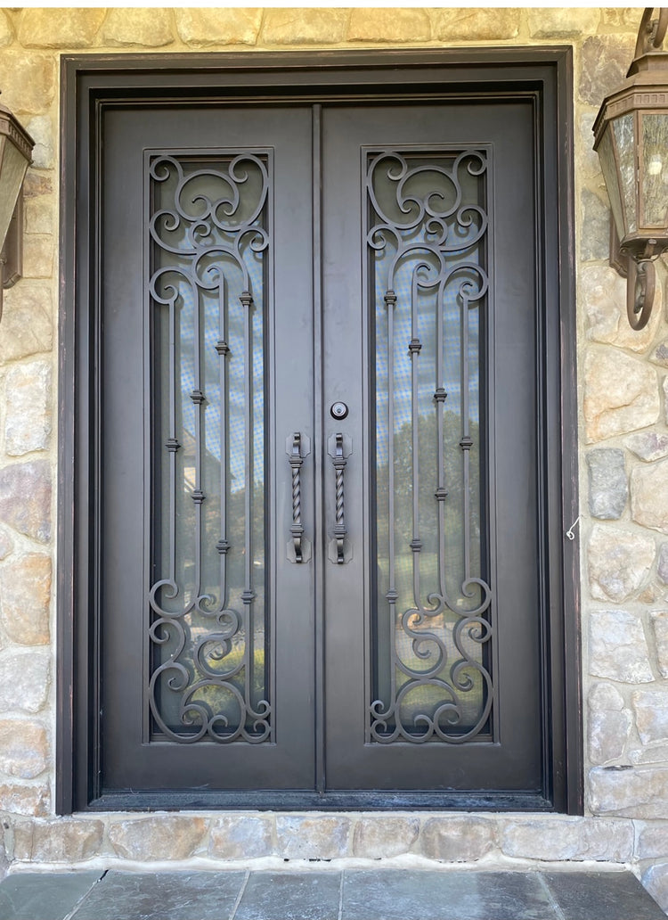DAHLIA- square top, pre-hung, removable bug screens, wrought iron doors -72X96 Right Hand - Luxe Iron Doors 