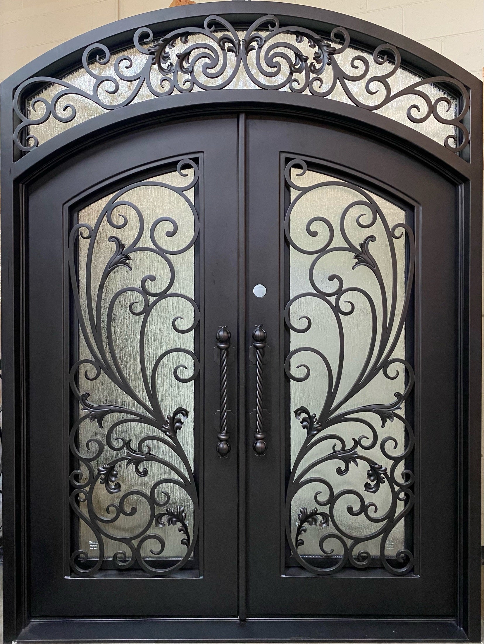PARADISE- Double Arch Top, Transom, Front Entry Wrought Iron Doors, Bug Screens, Tempered glass,  72x96- Right Hand - Door Gate Depot