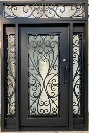 AZALEA - Single Door with sidelights, pre-hung, bug screens, wrought iron door ,38 1/2 x 97- Left Hand - Door Gate Depot