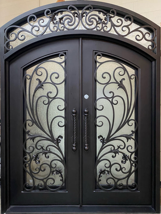 PARADISE- Double Arch Top, Transom, Front Entry Wrought Iron Doors, Bug Screens, Tempered glass,  72x96- Right Hand - Door Gate Depot