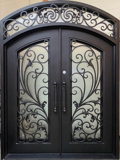PARADISE- Double Arch Top, Transom, Front Entry Wrought Iron Doors, Bug Screens, Tempered glass,  72x96- Right Hand - Door Gate Depot