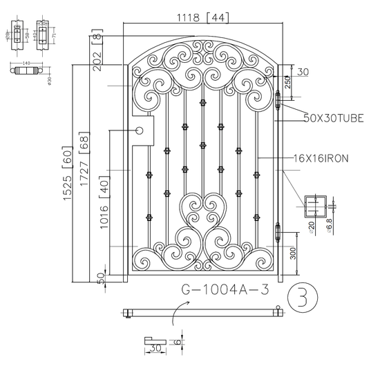 G1004A- Gorgeous arched top, heart design front or side wrought iron gate. Right In-Swing. - Door Gate Depot