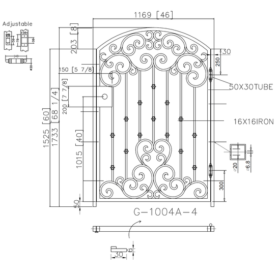 G1004A- Gorgeous arched top, heart design front or side wrought iron gate. Right In-Swing. - Door Gate Depot