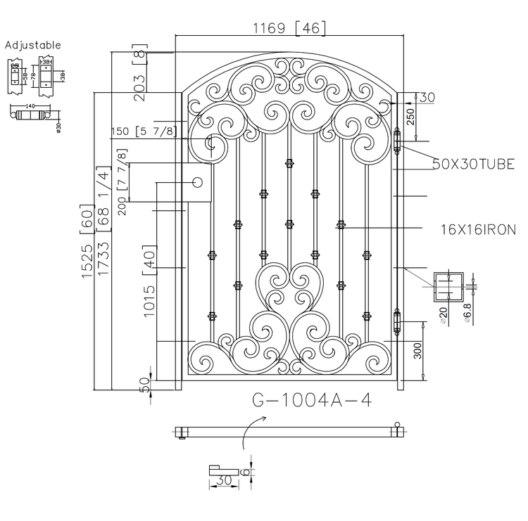G1004A- Gorgeous arched top, heart design front or side wrought iron gate. Right In-Swing. - Door Gate Depot