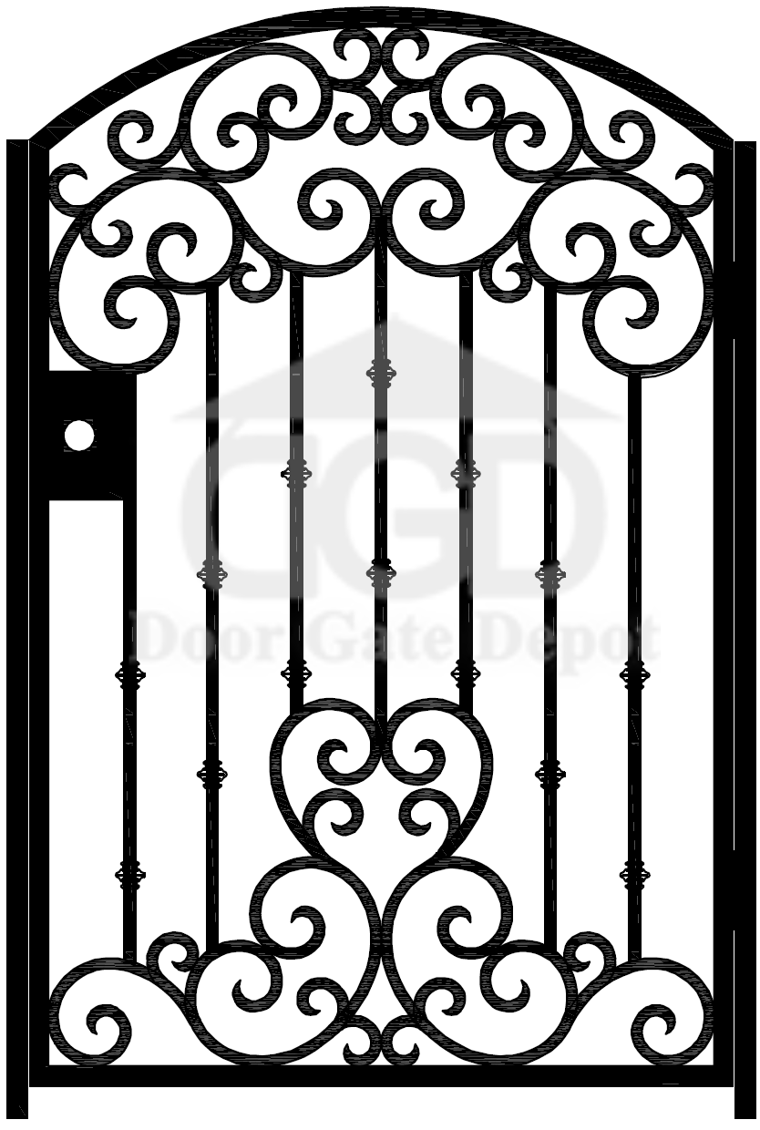 G1004A- Gorgeous arched top, heart design front or side wrought iron gate. Right In-Swing. - Door Gate Depot