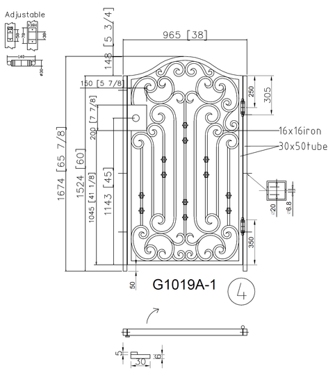 G1019A - Arched Top ,Side/Front Wrought Iron Gate, Right Swing. - Door Gate Depot