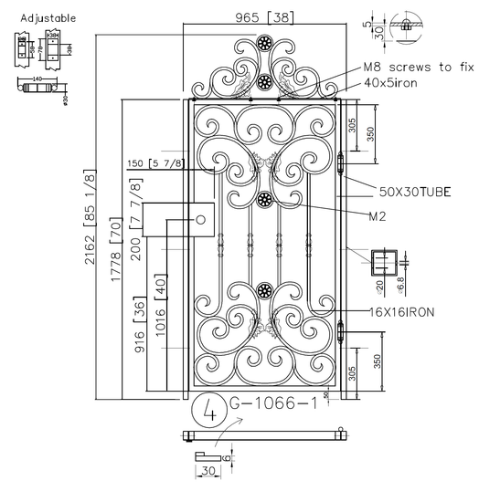 G1066 - Detachable top scrolls, Gorgeous front, side wrought iron gate. Right -In Swing. - Door Gate Depot