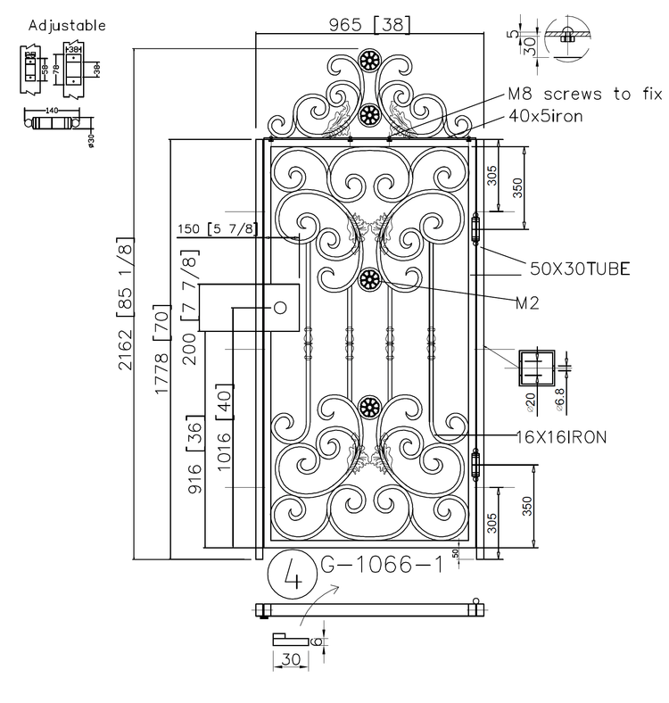 G1066 - Detachable top scrolls, Gorgeous front, side wrought iron gate. Right -In Swing. - Door Gate Depot