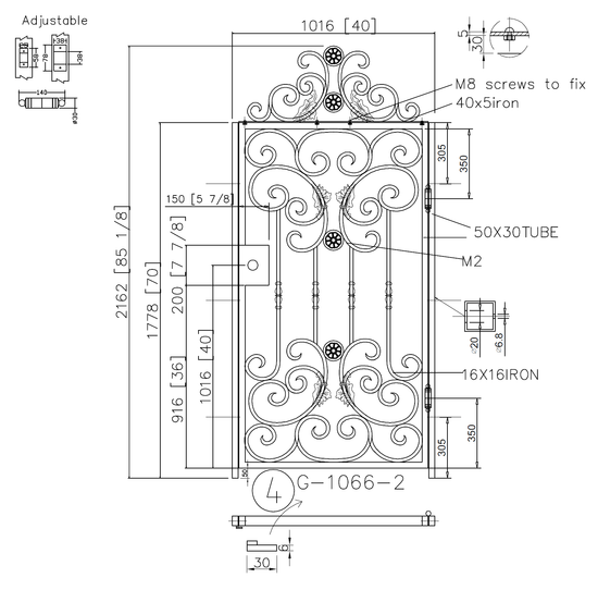 G1066 - Detachable top scrolls, Gorgeous front, side wrought iron gate. Right -In Swing. - Door Gate Depot