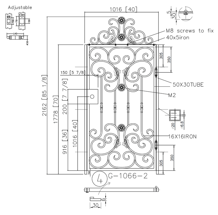 G1066 - Detachable top scrolls, Gorgeous front, side wrought iron gate. Right -In Swing. - Door Gate Depot