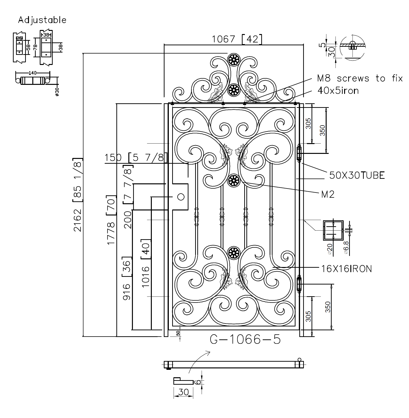 G1066 - Detachable top scrolls, Gorgeous front, side wrought iron gate. Right -In Swing. - Door Gate Depot