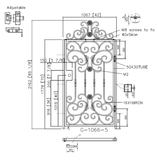 G1066 - Detachable top scrolls, Gorgeous front, side wrought iron gate. Right -In Swing. - Door Gate Depot